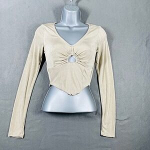 Forever 21 Long Sleeve‎ Top Keyhole Cutout Fitted Beige Size S